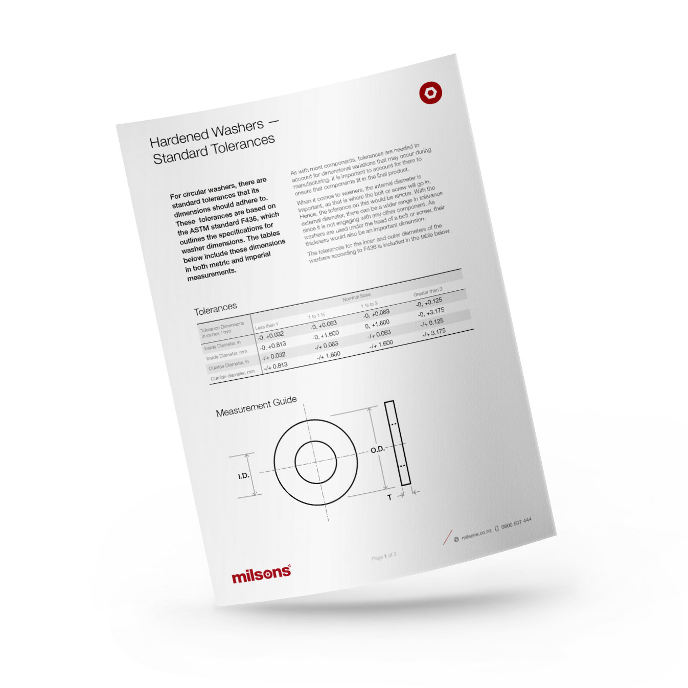 Standard tolerances for hardened washers